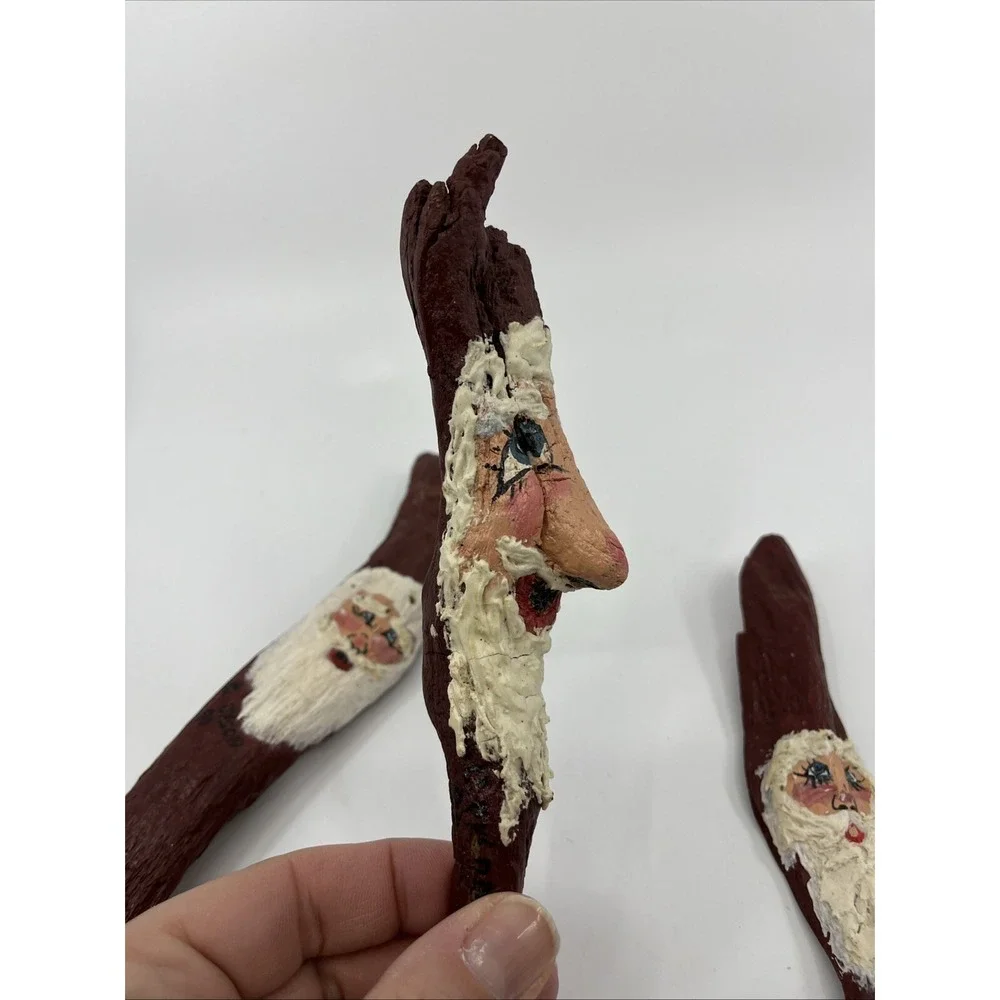3 Hand Painted Santa Claus on bark Artist Signed C. Dyson 1990s Red Folk Art